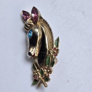 50's Coro Signed Rhinestone Brooch Gold Tone Enamel Pat Pend MCM Jewelry Pinback